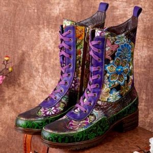 NEW Socofy Retro Boot Floral Embroidery Printing  & Leather - Size 11 (42)